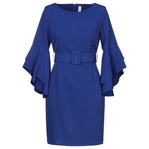 SOUVENIR Blue Belted Dress with Frill Sleeve S NWT